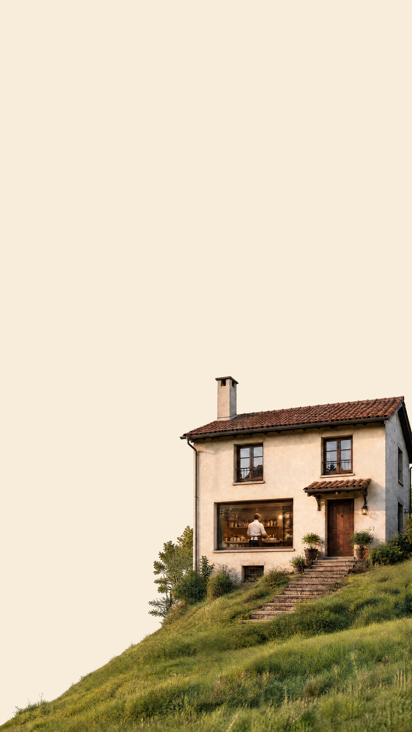 Illustration: a tiled-roof house on a grassy Tuscan hillside in the late afternoon light, with a figure in an apron cooking behind the lit kitchen window.